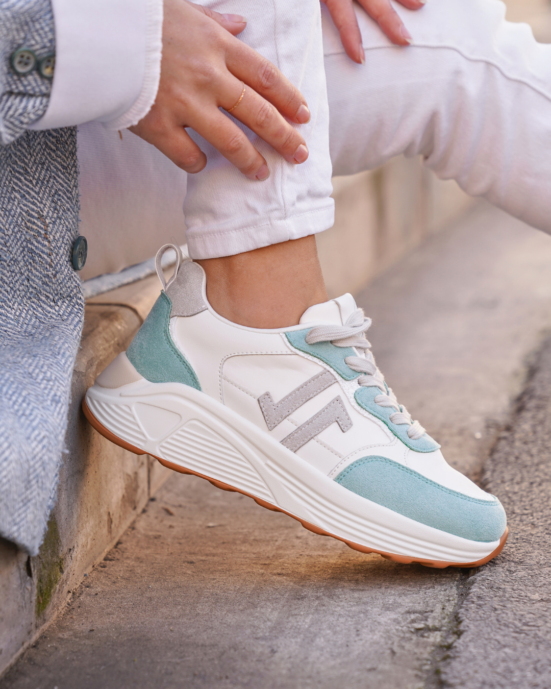 Basket femme compensée bleu pastel à lacets - CL89 PASTEL
