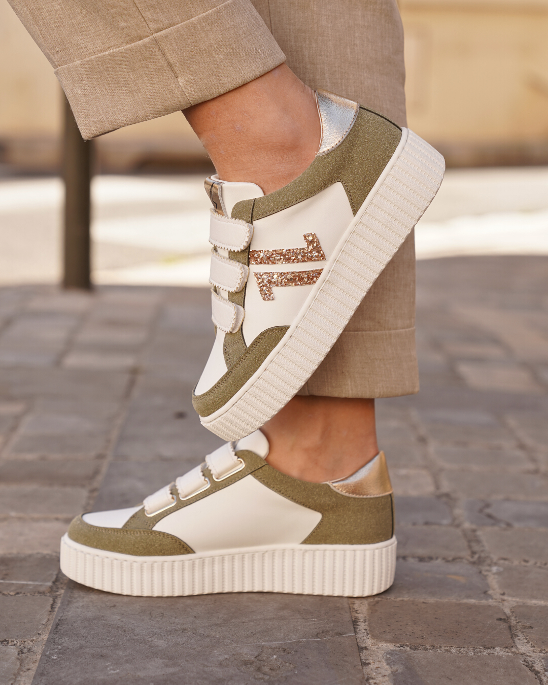 Basket femme creepers kaki à scratch - CL83 KAKI