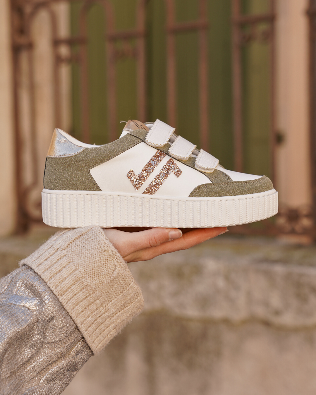Basket femme creepers kaki à scratch - CL83 KAKI