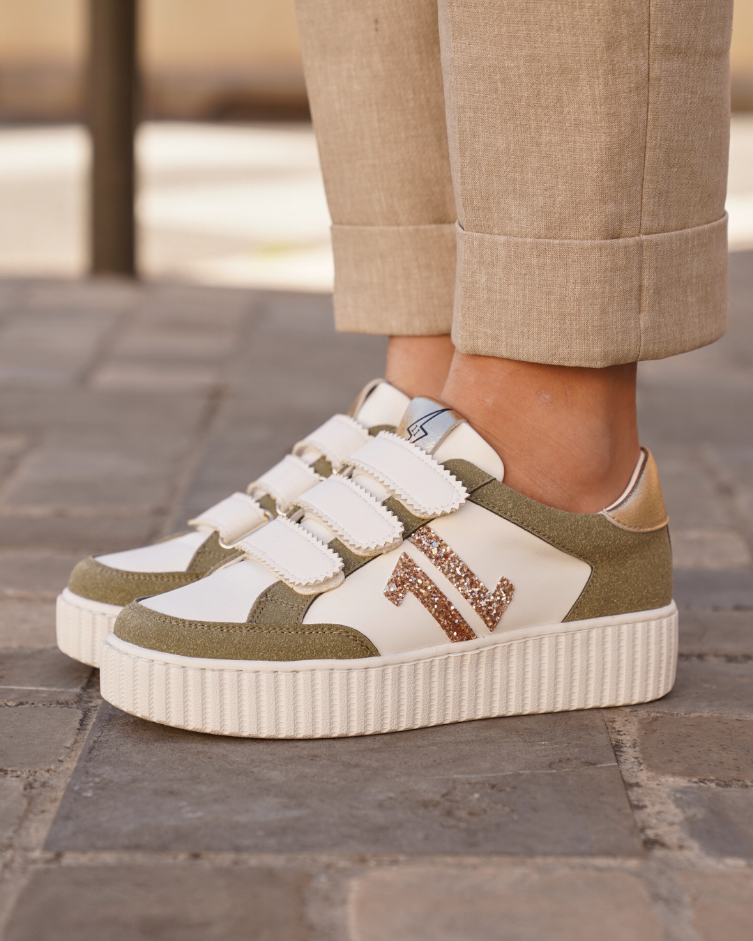 Basket femme creepers kaki à scratch - CL83 KAKI