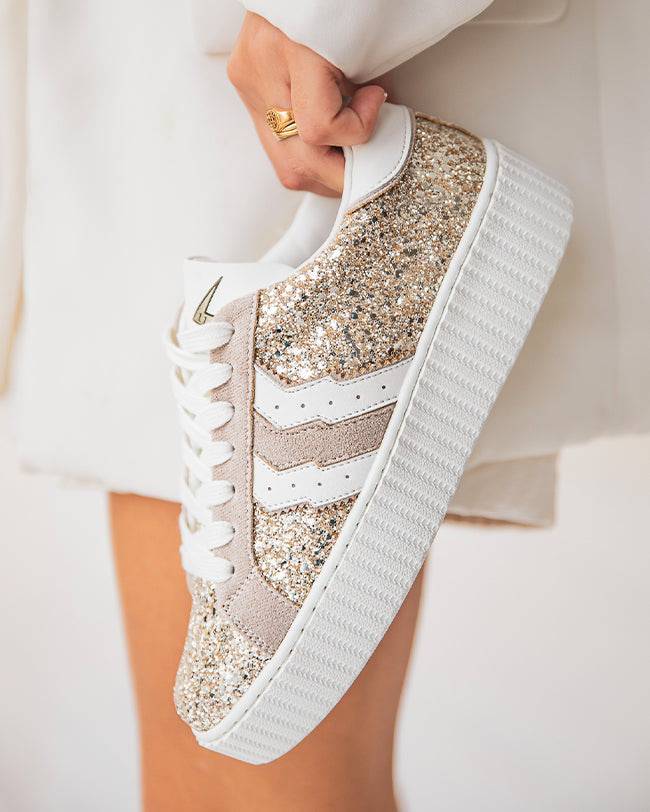 Basket Femme Paillettes Creepers Design Dor et Su dine Beige