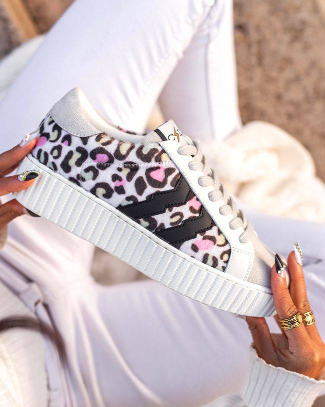 Basket Femme Multicolore avec Imprimé Léopard et Suédine Gris  - CL59 MULTI - cl11sneakers.fr