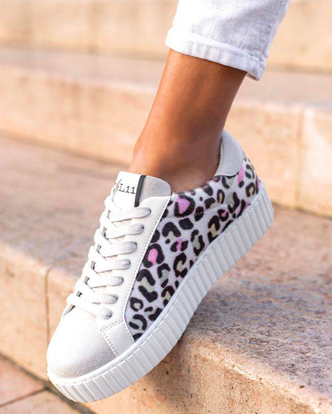 Basket Femme Multicolore avec Imprimé Léopard et Suédine Gris  - CL59 MULTI - cl11sneakers.fr
