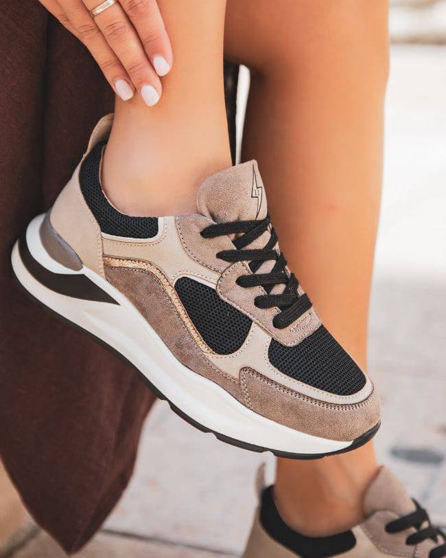 Style Élégant en Suédine & Mesh avec Semelle Compensée Tricolore - CL58 TAUPE - cl11sneakers.fr