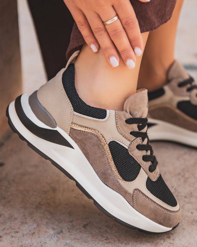 Style Élégant en Suédine & Mesh avec Semelle Compensée Tricolore - CL58 TAUPE - cl11sneakers.fr