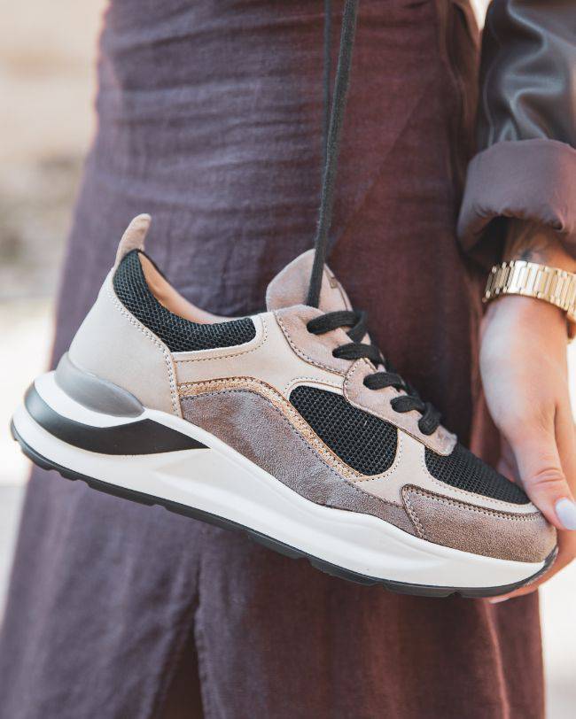 Style Élégant en Suédine & Mesh avec Semelle Compensée Tricolore - CL58 TAUPE - cl11sneakers.fr
