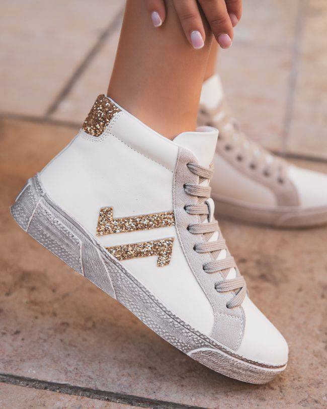 Sneakers montante blanche et dorée - CL71 WHITE - cl11sneakers.fr