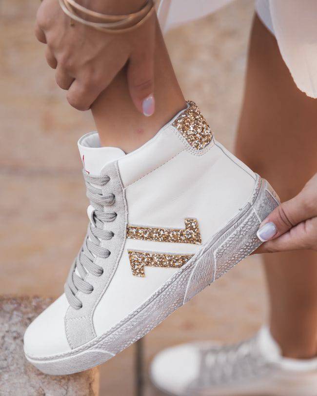 Sneakers montante blanche et dorée - CL71 WHITE - cl11sneakers.fr